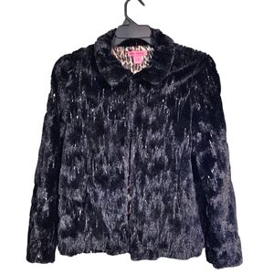 Betsey Johnson Womens S Black Sequin Stitch Faux Fur Jacket Animal Print Lining